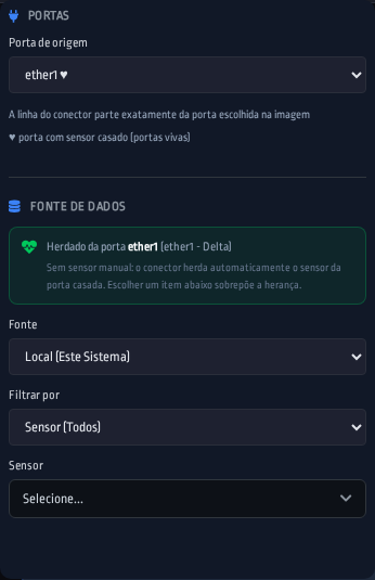 Painel do conector com porta escolhida e herança de sensor